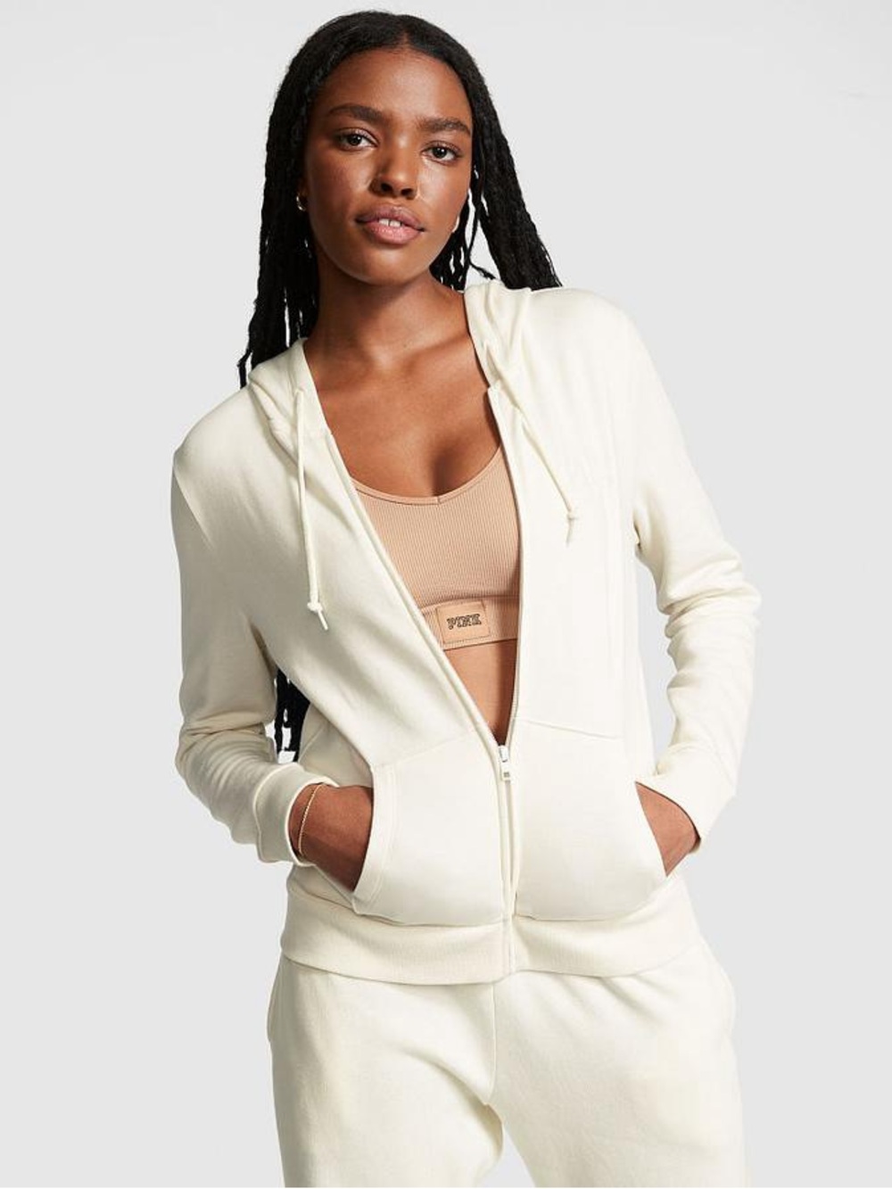 VS PINK Everyday Fleece Zip-Up Hoodie in Creamer Size XL